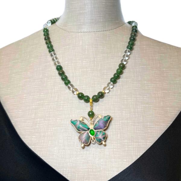 Handmade Jade & Clear Quartz Silk Brocade Butterfly Pendant Necklace